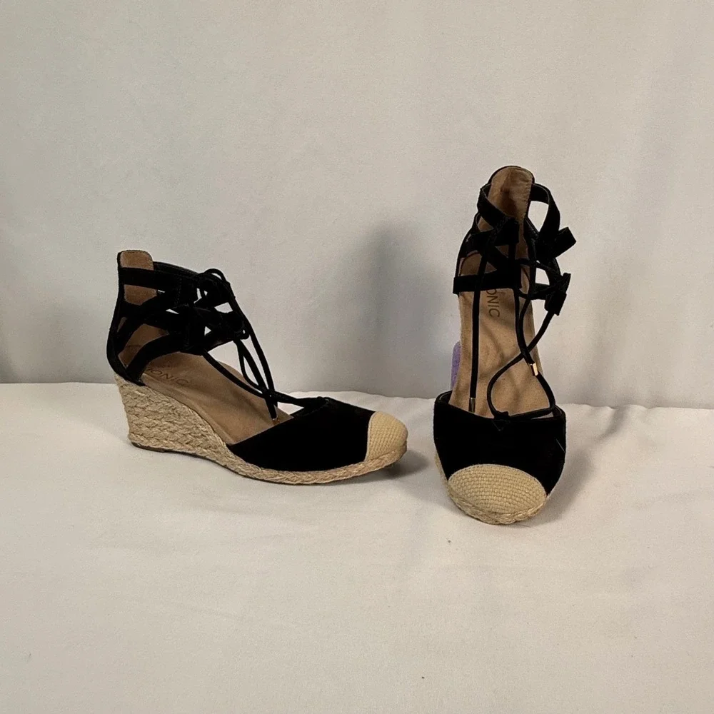 Vionic Calypso Black Suede Espadrille Wedge‎ Sandals Lace Up Cap Toe Women's 7.5
